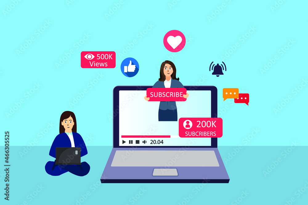 Content creator vector concept. Young woman using a laptop while watching a famous content video with many subscribers Content creator vector concept. Young woman using a laptop while watching a famous content video with many subscribers