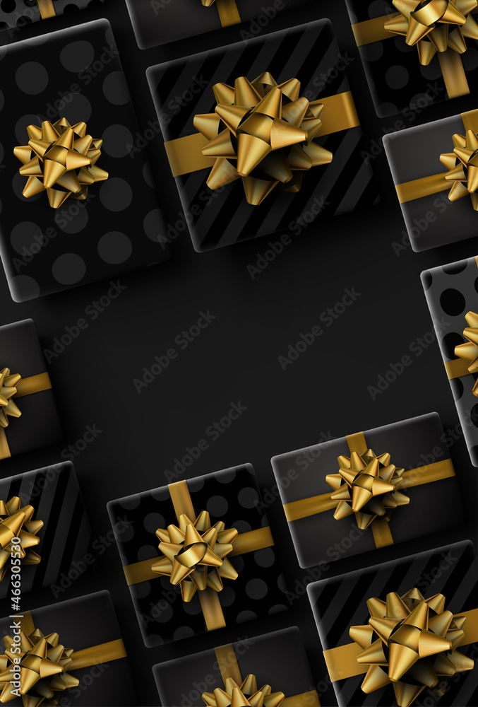 Gift boxes with golden bow frame background. Gift boxes with golden bow frame background.