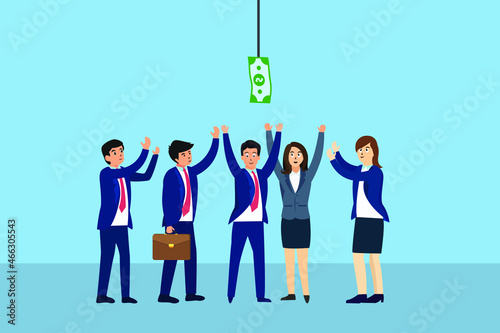 Money trap vector concept. Group of business people running after dangling dollar and trying to catch