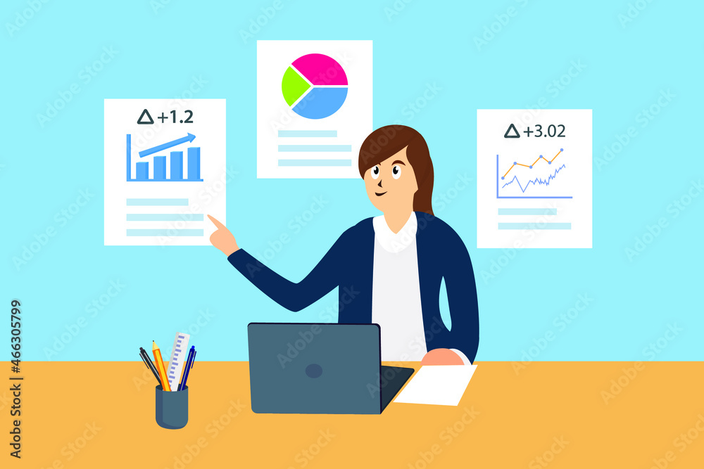 Financial analysis vector concept. Businesswoman using a laptop while analyzing growth finance chart in the office Financial analysis vector concept. Businesswoman using a laptop while analyzing growth finance chart in the office