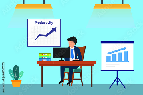 Productivity vector concept. Businessman working with computer while sitting with increasing productivity chart