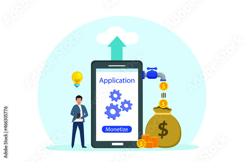 Monetize vector concept. Businessman thinking an idea while standing with monetize apps on the mobile phone
