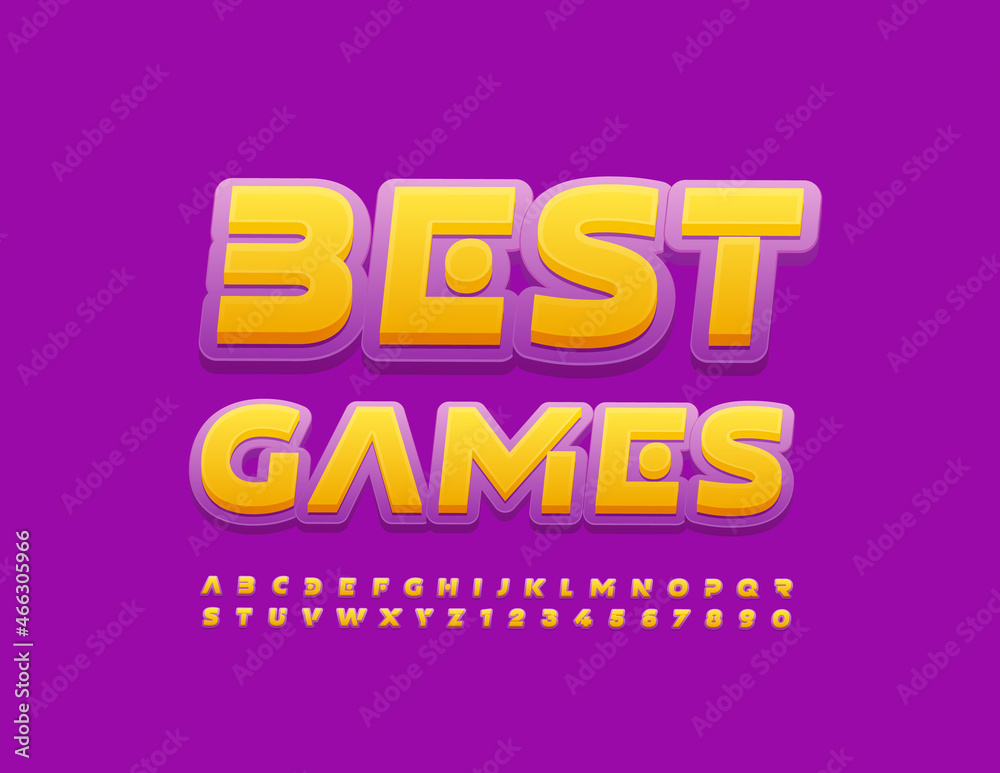 Vector creative banner Best Games. Trendy bright Font. Abstract style Alphabet Letters and Numbers set