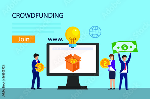 Crowdfunding vector concept. Group of people holding money while standing with crowd funding text on computer