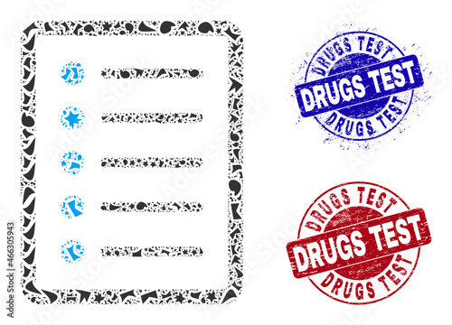 Round DRUGS TEST grunge seals with text inside round shapes, and shatter mosaic list page icon. Blue and red seals includes DRUGS TEST text. List page mosaic icon of debris particles.