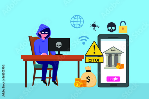 Hacker vector concept: Hacker stealing data on the bank web to get much money