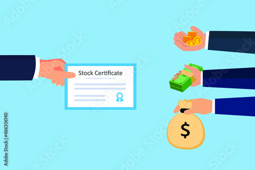 Stock certificate. Person hand selling stock certificate with money