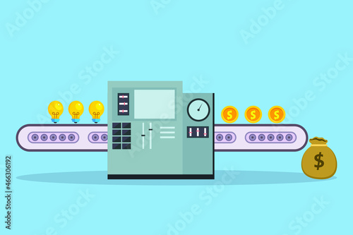 Creativity vector concept. Transform bulb idea to money with machine in the factory