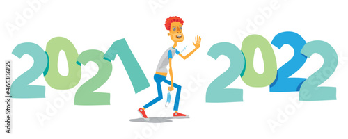 Tired man walking from 2021 to 2022. 