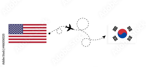 Flight and travel from USA to South Korea by passenger airplane Travel concept