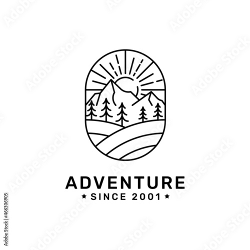 sunrise mountain adventure pine hemlock evergreen tree forest vintage line art logo design vector