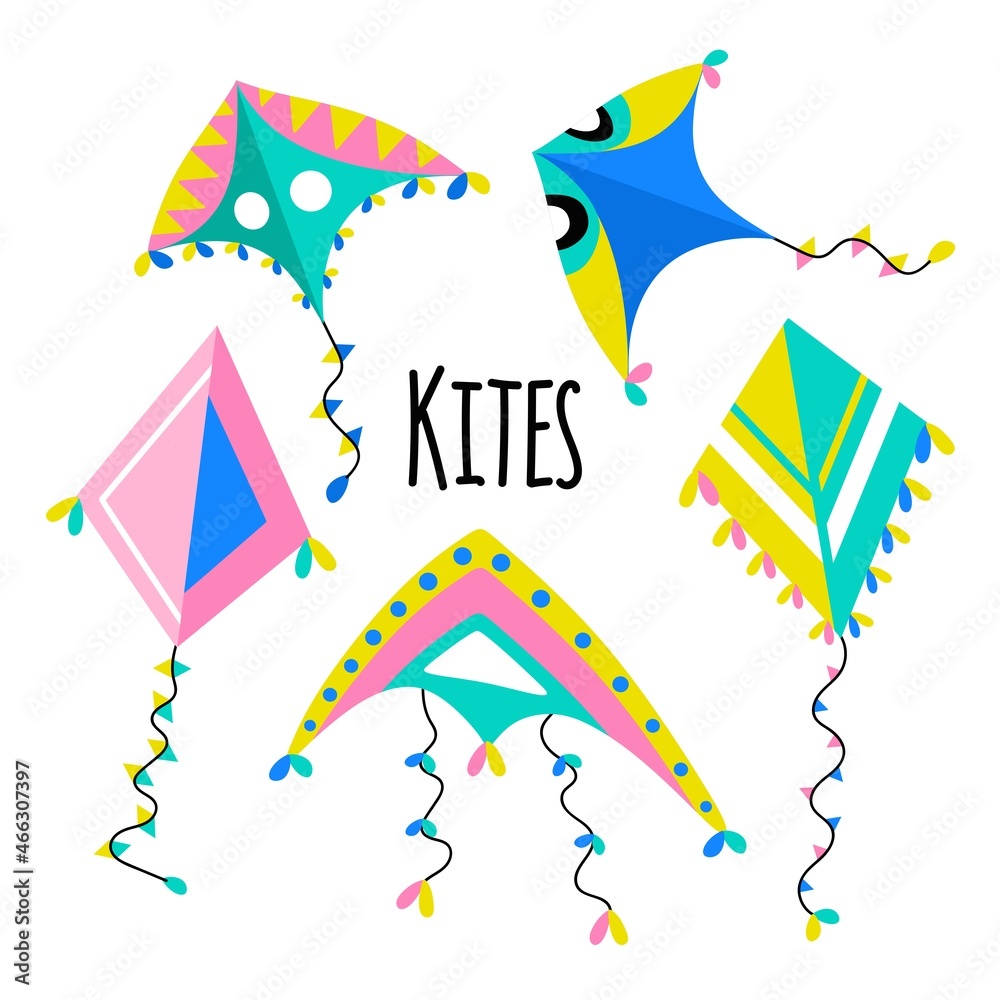 Colorful kites set on a white isolated background with clouds. Vector illustration.