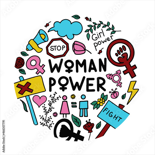 A set of doodle signs of feminism  women s rights. Grunge hand drawn vector icons of Feminism protest symbol isolated on transparency background. A rally to fight for voting rights