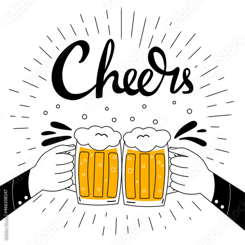 Two hands holding beer mugs and making cheers isolated on white background, lettering in hand drawn style