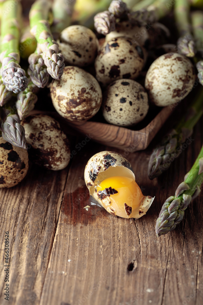 Raw asparagus and quail eggs. Raw asparagus and quail eggs.