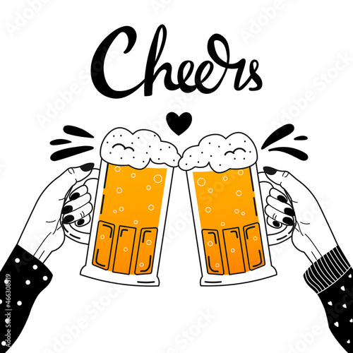 Two women hands holding beer mugs and making cheers and heart, splashes isolated on white background