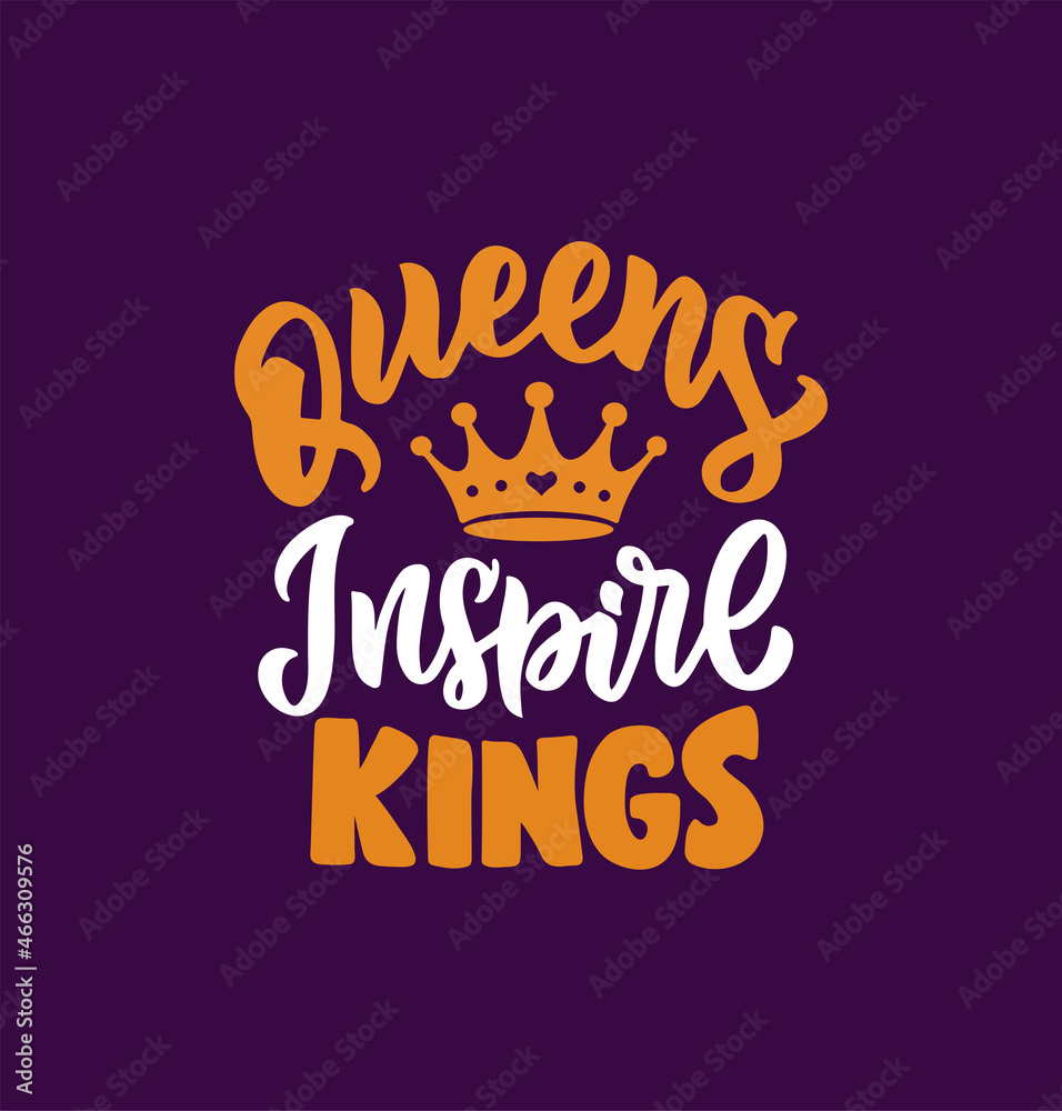 Obraz premium The Woman quote, queens inspire kings. The gold lettering phrase with crown on purple background for party, holidays, posters, cards is a vector illustration.