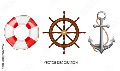 Set of lifebuoy, wooden steering wheel, anchor with rope on white background. Isolated vintage ship objects. Elements of sea boat equioment . Marine theme decoration. Vector illustration