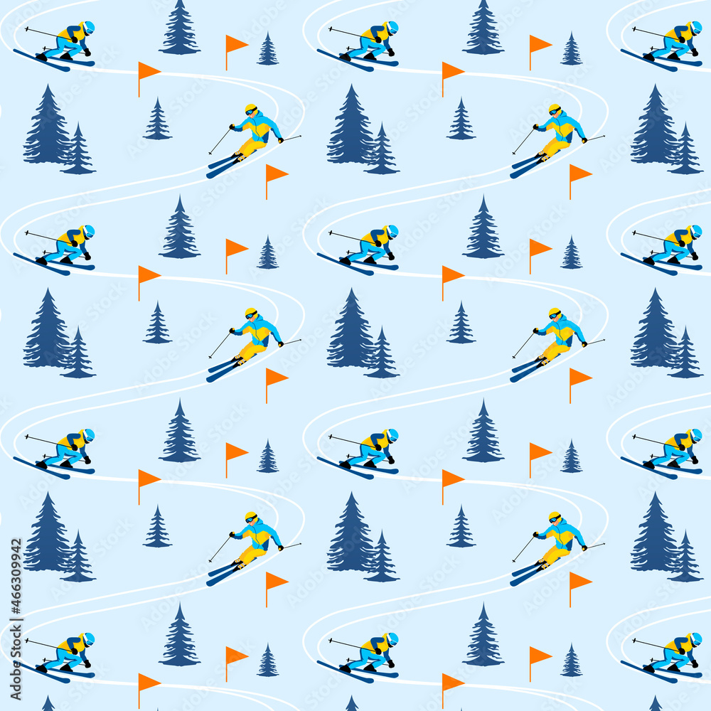 Winter sport seamless pattern of isolated skier on blue background. Mountain skiing competition poster with sportsman riding on ski track through trees. Vector illustration