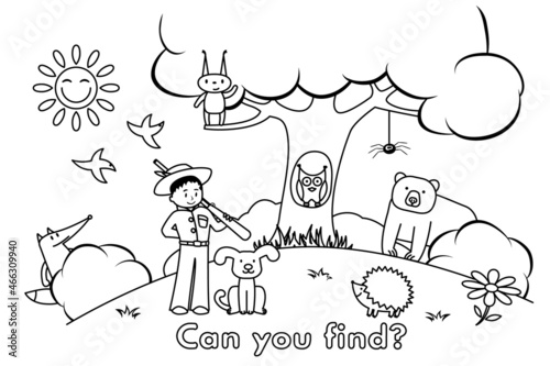 Hunter and animals in the forest learning game for small children - color and find animals. Vector coloring book pages for kids