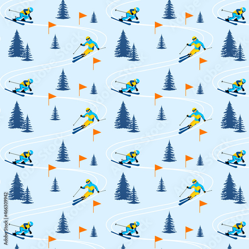 Winter sport seamless pattern of isolated skier on blue background. Mountain skiing competition poster with sportsman riding on ski track through trees. Vector illustration