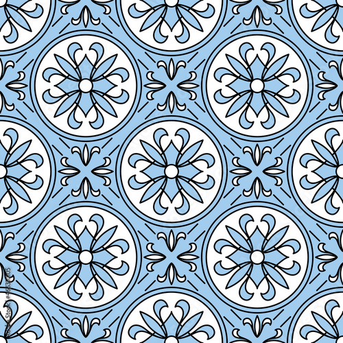 Seamless texture with blue oriental geometric ornament. Vector mosaic pattern
