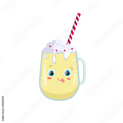 Milkshake in a glass, with a cute face. Vector graphics.