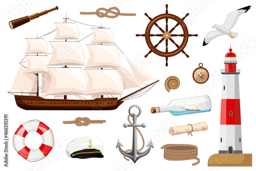 Sea set of isolated objects. Ship, rope, knot, telescope, anchor, stripped lifebuoy, captain's cap, seagull, rudder, compass, lighthouse, map, bottle, shell on white background. Vector illustration