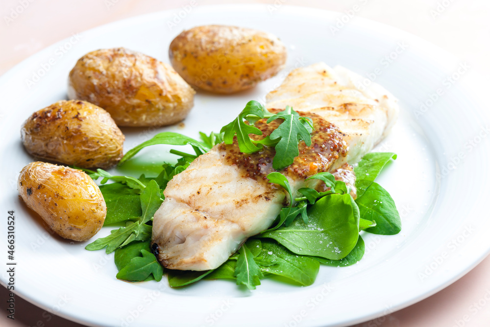 grilled carp with mustard sauce and grilled potatoes grilled carp with mustard sauce and grilled potatoes