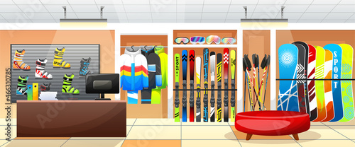 Winter sport equipment shop or store interior. Rent of mountain skiing and snowboarding equipment. Elements for ski resort, mountain activities. Winter activities boutique indoor. Vector illustration 