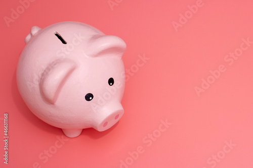 Pink piggy bank on pink background. Money and business. Money saving