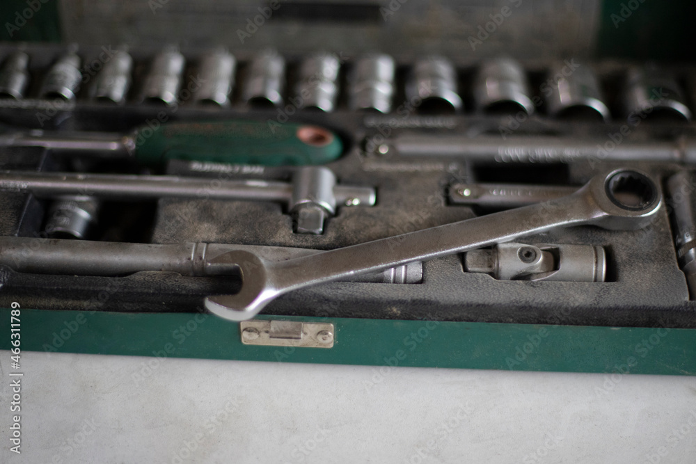 Fototapeta premium Tools in a box. The keys for the nuts.