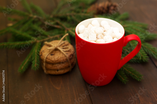 On a dark wooden background, a red cup with cocoa and marshmallows and cookies, decorated with fir branches