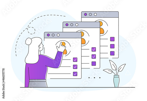 Specialist recruitment concept. Human resources employee reviews resume and selects suitable candidate for position. Hiring employees in company. Human resources. Cartoon flat vector illustration