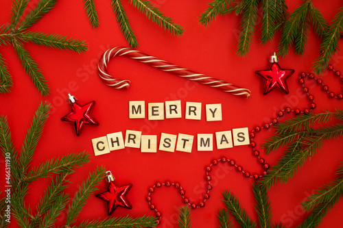 Christmas and New Year background. Candy stick, red background Greeting card, banner, poster