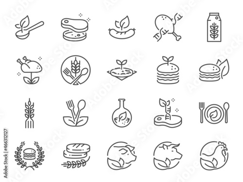 Plant-based Food line icon set. Included the icons as Bio-engineered Food, vegan, Vegetarian, meal, burger, Nutritious, and more.
 photo