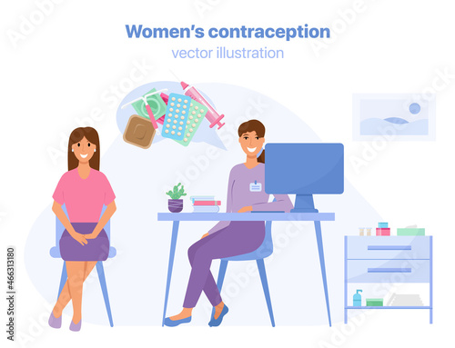 Woman at the doctor's appointment. Gynecologist's consultation. Doctor is taking with the patient about contraception. Different contraception methods. Vector illustration. 