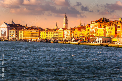 Venice skyline, Italy. View of main embankment of Venice. Nice cityscape of Venice taken from sea. Vacation and travel in Venice.