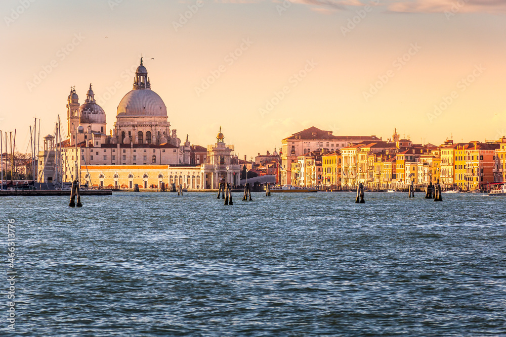 Panoramic view of famous Canal Grande with Basilica di Santa Maria della Salute in the background, Venice, Italy