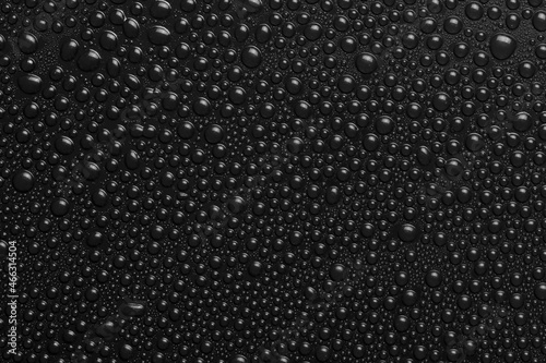 Water drops on black background texture. Dark backdrop glass covered with drops of water. black bubbles in water