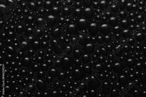 Water drops on black background texture. Dark backdrop glass covered with drops of water. black bubbles in water
