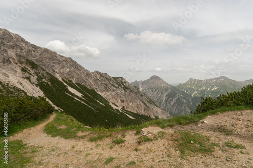 Sareis, Liechtenstein, June 20, 2021 Stunning mountain panorama on a cloudy day photo