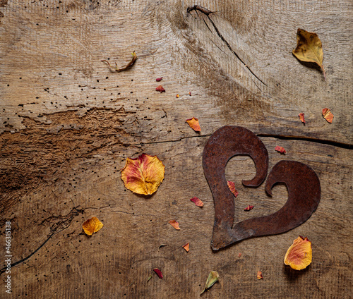 Symbol der Liebe: rostiges Herz mit getrockneten Blättern einer Rose auf rustikalem Holztisch