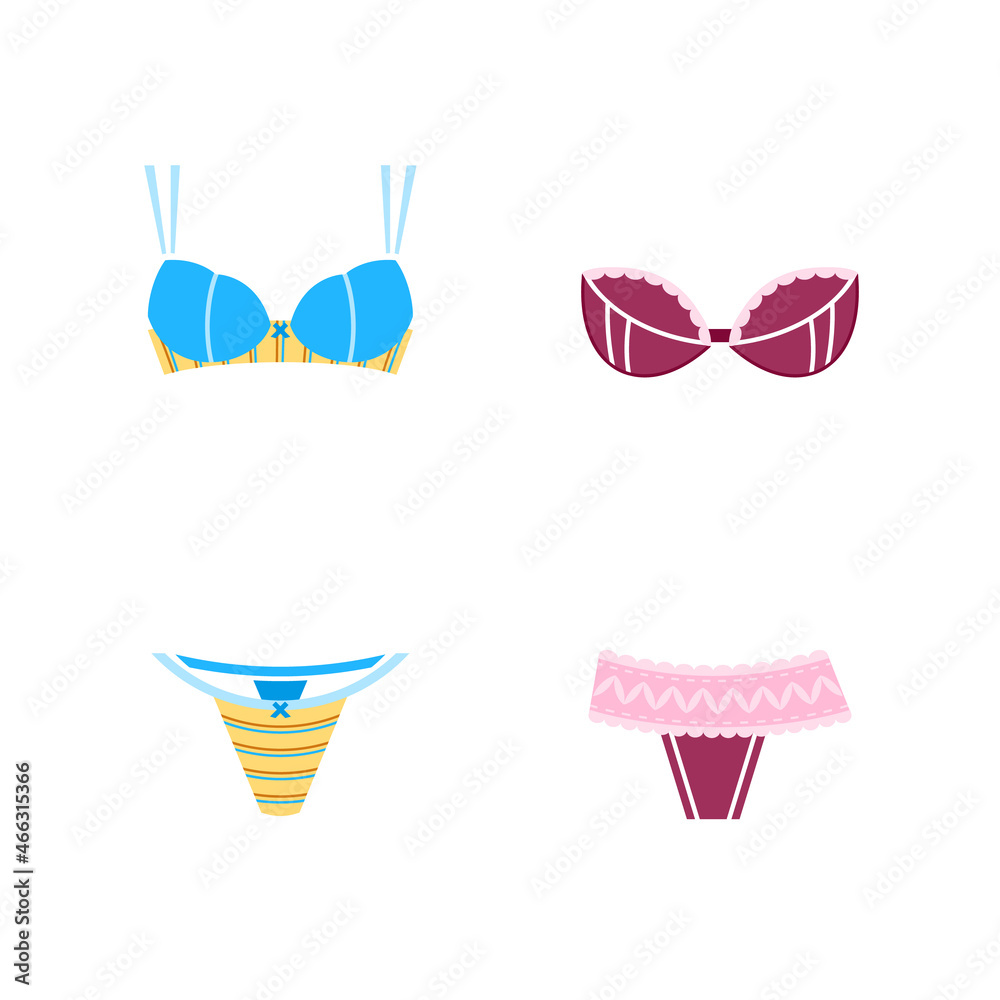 Simple set of related isolated flat symbols of lingerie on white. Contains such icons as strings, bra, push up.  Idea for poster, sticker, magazine, web design and so on.