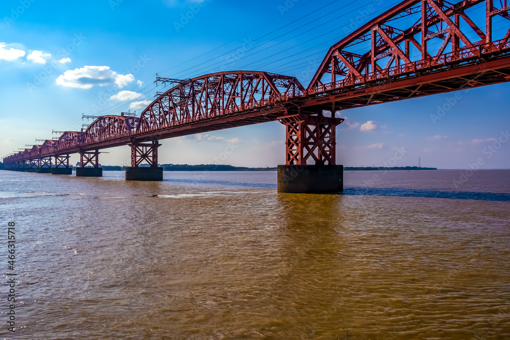 Harding Bridge. An old steel railroad bridge over the wide and fast river Padma.