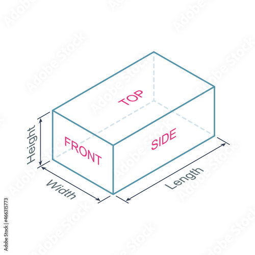 Isometric projection cuboid with dimensions and faces. Vector illustration