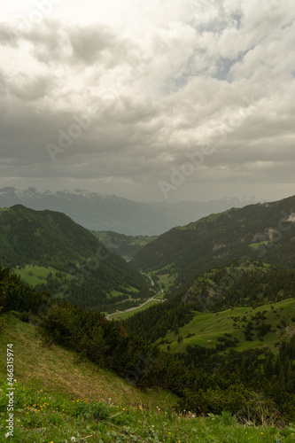 Sareis, Liechtenstein, June 20, 2021 Beautiful mountain panorama on a cloudy day