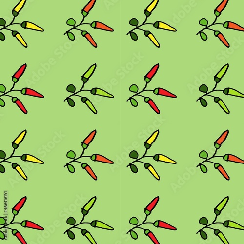 Chili pepper seamless pattern. Colorful black outlined isolated funny vector illustration.