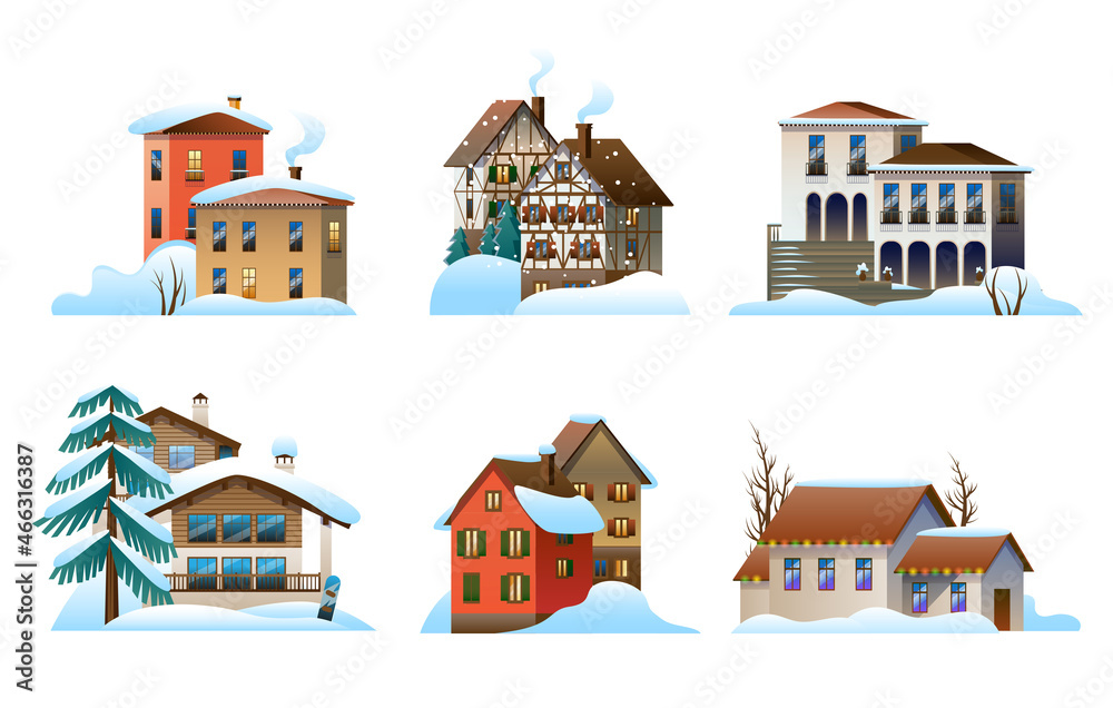 A set of images of village houses in different architectural styles. Vector full-color illustration.