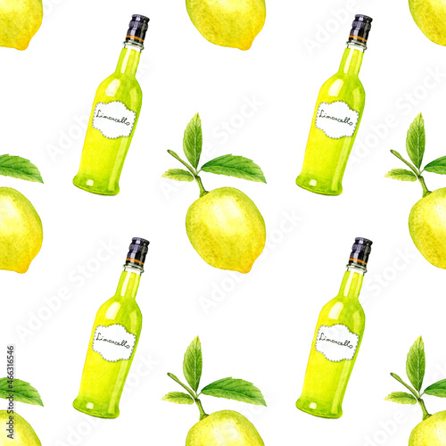 Foto Seamless pattern with lemons and limoncello on a white background